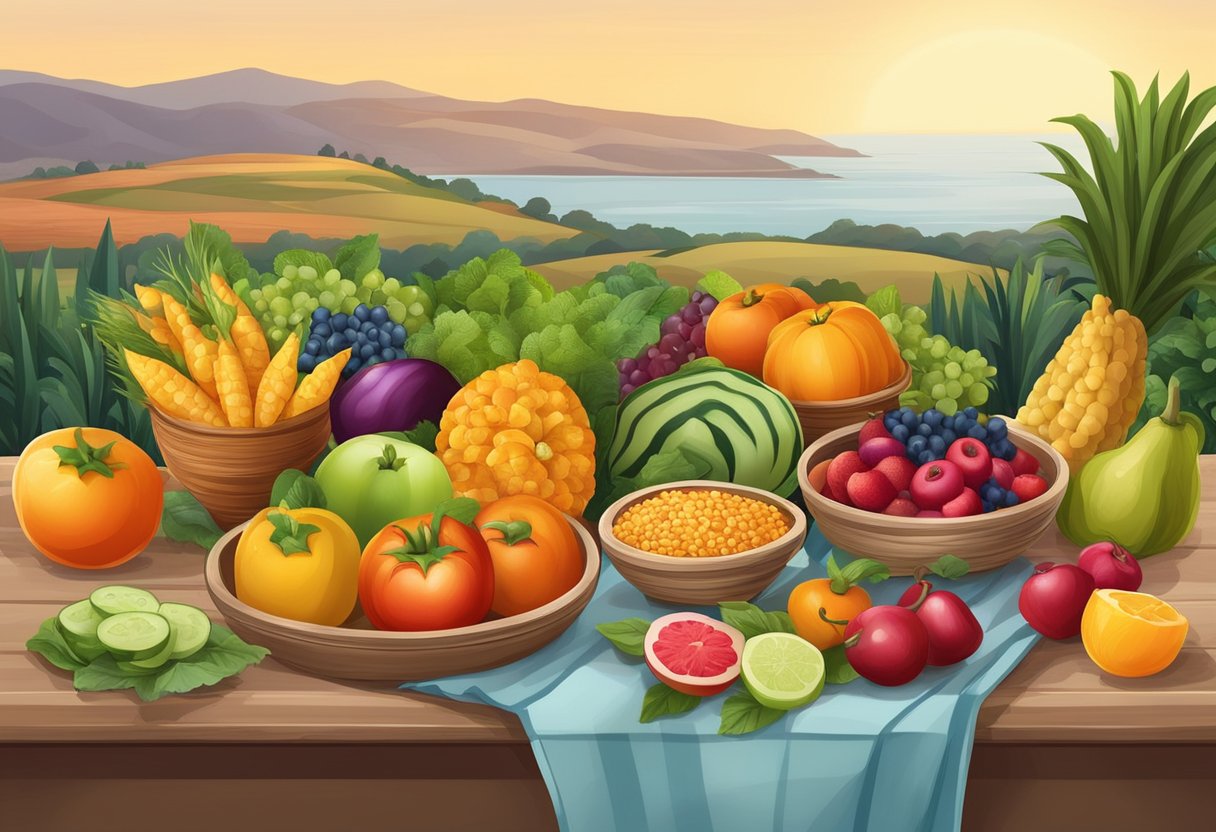 A table set with colorful organic fruits, vegetables, and grains. Non-GMO labels visible on products. Mediterranean landscape in the background