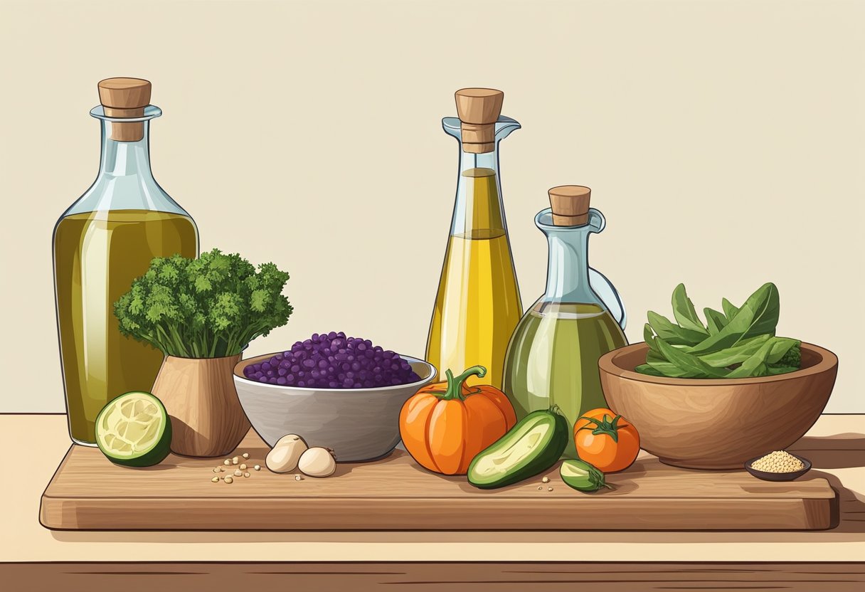 Fresh vegetables being chopped on a wooden cutting board, next to a bowl of quinoa and a bottle of olive oil. A variety of organic and non-GMO ingredients are laid out on the kitchen counter