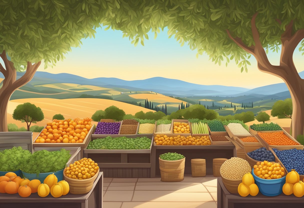 A colorful market stall with fresh organic produce, grains, and non-GMO products. The backdrop is a serene Mediterranean landscape with olive trees and rolling hills