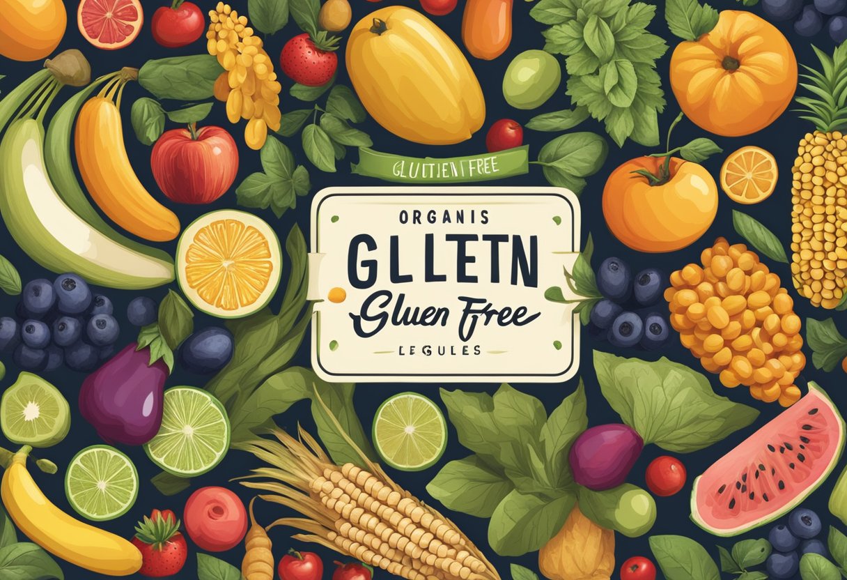 A colorful array of organic and non-GMO fruits, vegetables, grains, and legumes arranged in a Mediterranean-inspired pattern, with a prominent "Gluten-free" label