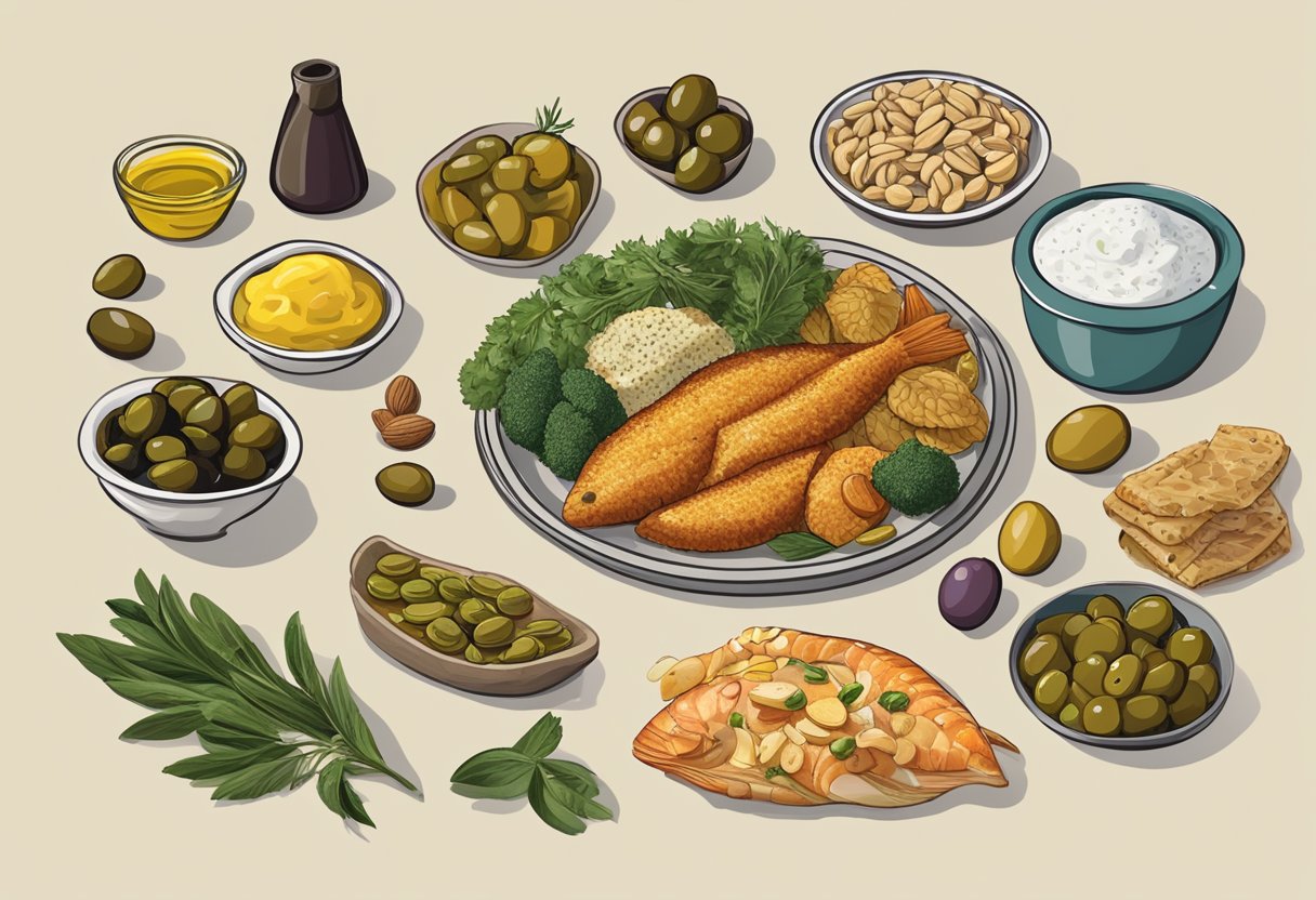 A table filled with Mediterranean foods: olives, olive oil, nuts, fish, and vegetables. A plate of fried and processed foods sits next to it, highlighting the difference between healthy and unhealthy fats