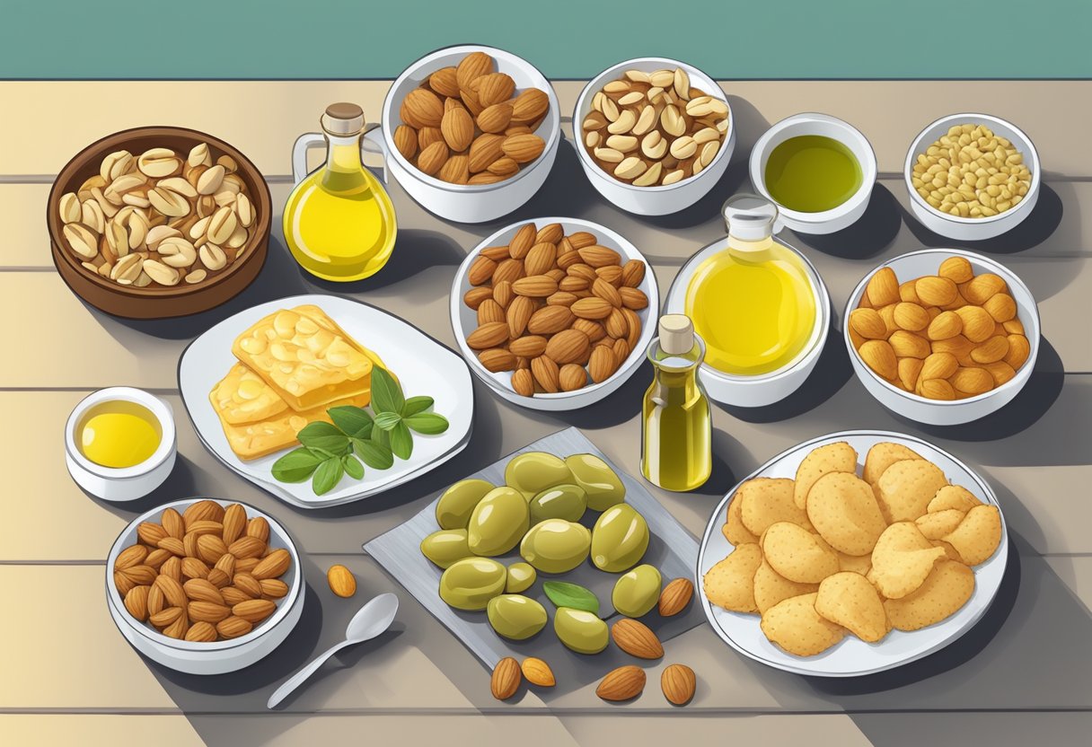 A table displays olive oil, nuts, and fish for healthy fats, while processed snacks and fried foods represent unhealthy fats