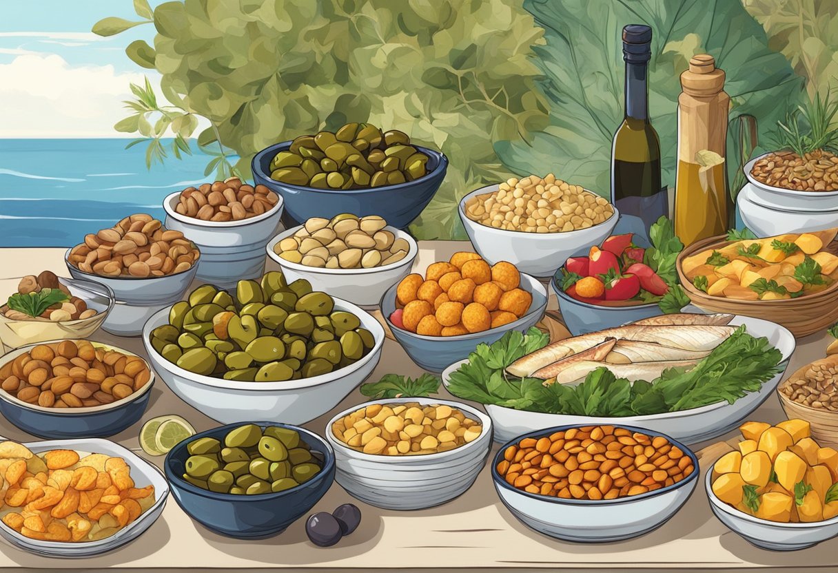 A table with a spread of Mediterranean foods: olives, nuts, fish, and vegetables. On the other side, a display of processed and fried foods