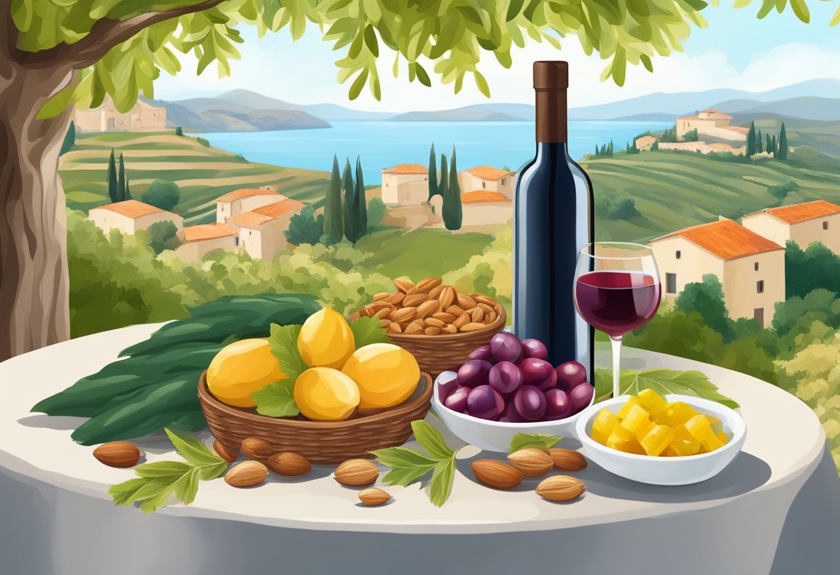 A table with olive oil, nuts, and fish. Fresh vegetables and fruits in a basket. A bottle of red wine. Mediterranean landscape in the background
