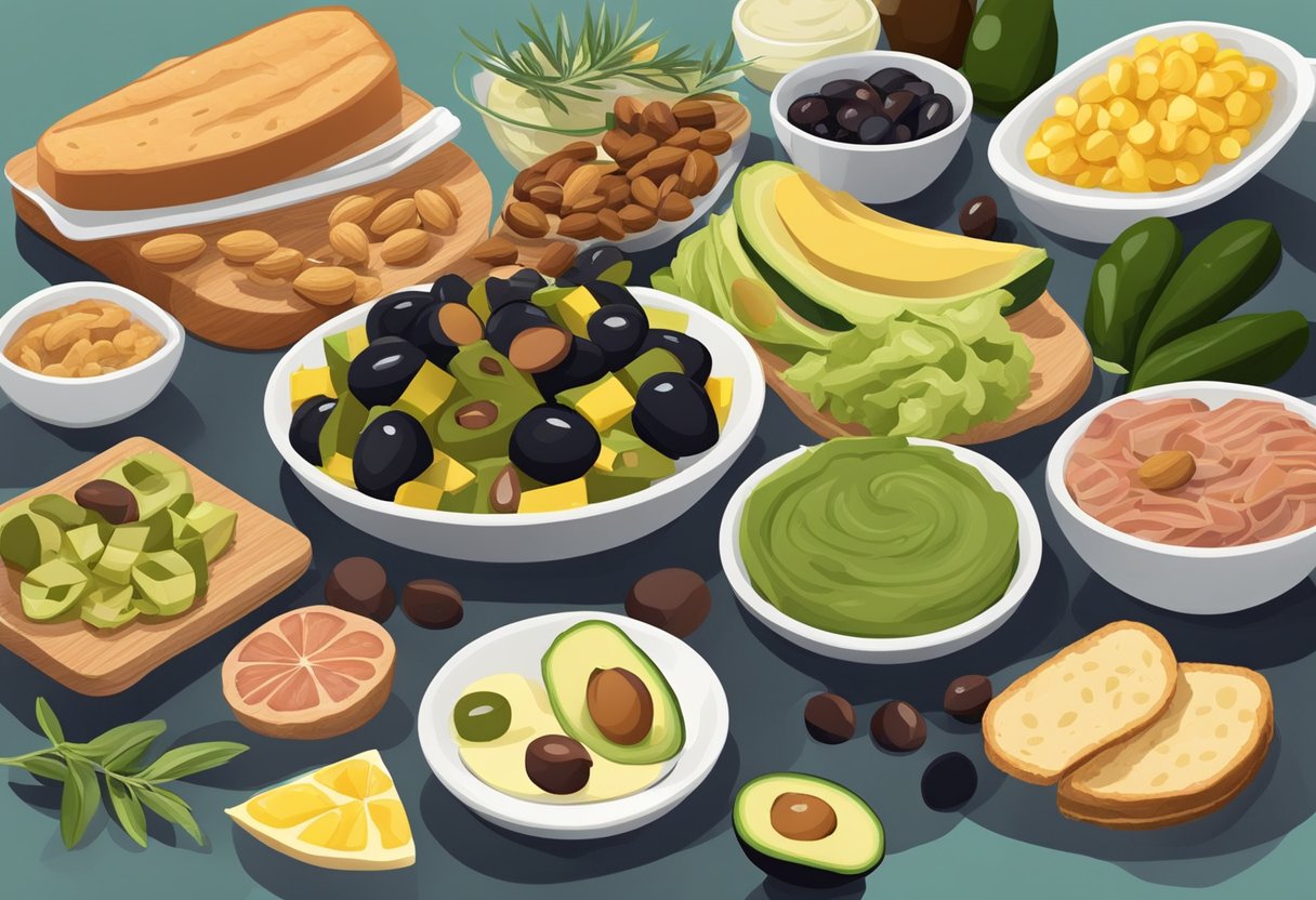 A bountiful Mediterranean spread with olives, avocados, nuts, and olive oil. Unhealthy fats like processed meats and fried foods are absent