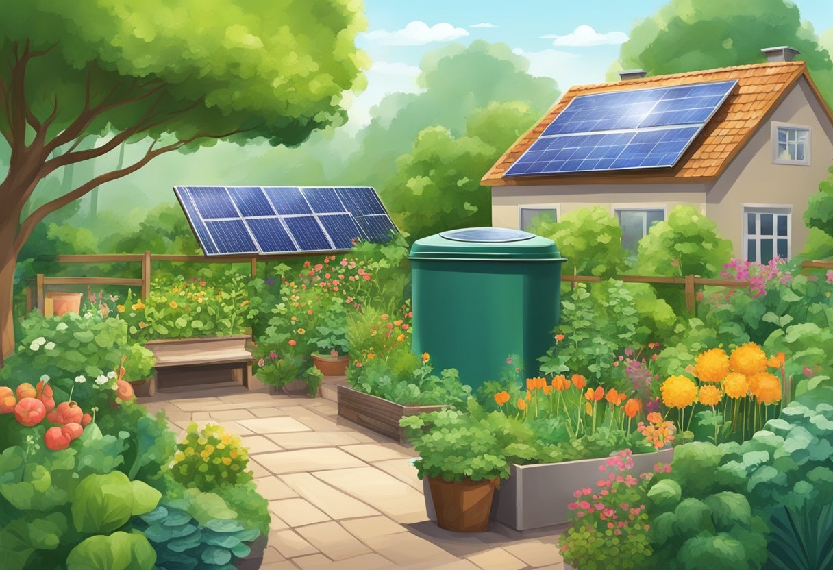 A serene garden with lush greenery, solar panels, and a rainwater collection system. A compost bin and vegetable garden show sustainable living