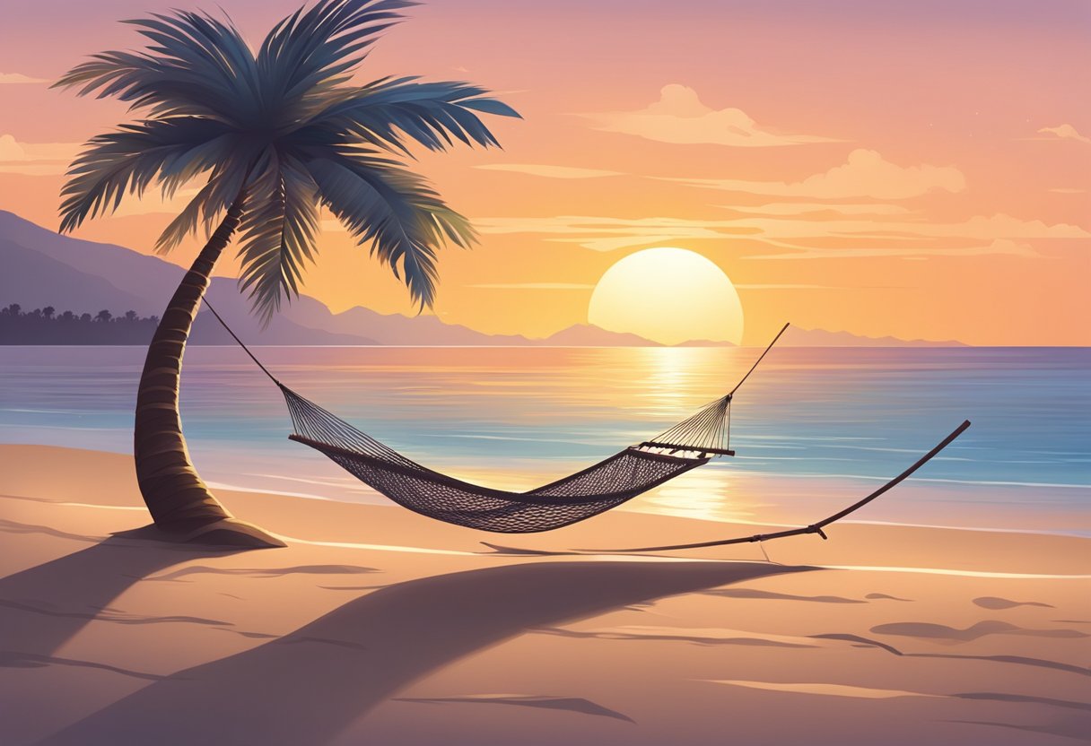 A serene beach at sunset, with a hammock strung between two palm trees. A gentle breeze rustles the leaves as the sun dips below the horizon, creating a peaceful and harmonious atmosphere