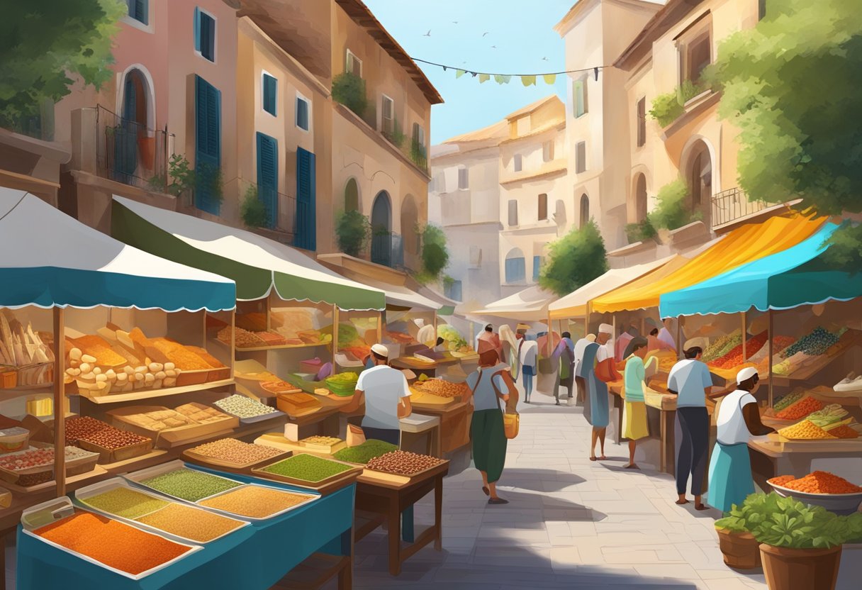 A bustling Mediterranean street market with colorful food stalls and aromatic spices, showcasing a variety of gluten-free dishes