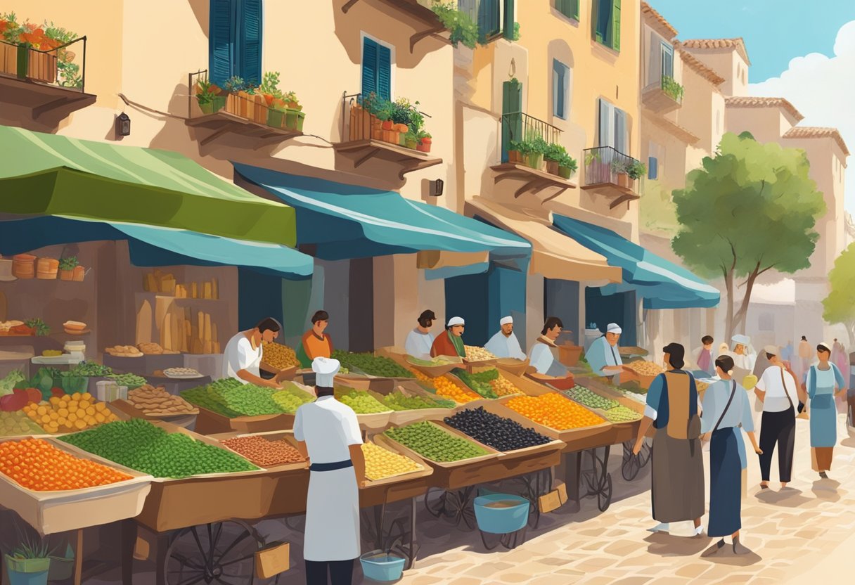 A bustling Mediterranean street market with colorful stalls selling gluten-free alternatives like fresh produce, olives, and herbs. A chef prepares traditional dishes without gluten, while customers enjoy the vibrant atmosphere