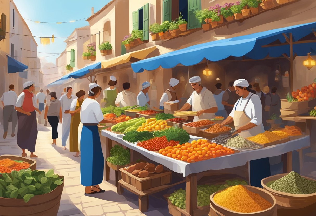 A bustling Mediterranean street market with colorful stalls selling fresh produce, aromatic herbs, and gluten-free grains. The air is filled with the sizzle of grilling meats and the tantalizing scent of spices