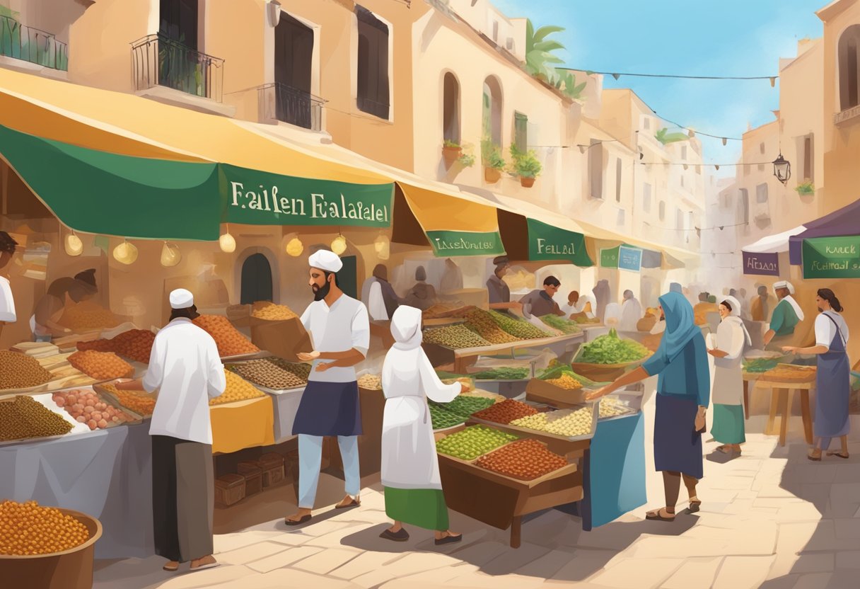 A bustling Mediterranean street market with colorful stalls selling traditional gluten-free dishes. Aromatic spices fill the air as people sample falafel, kebabs, and fresh salads