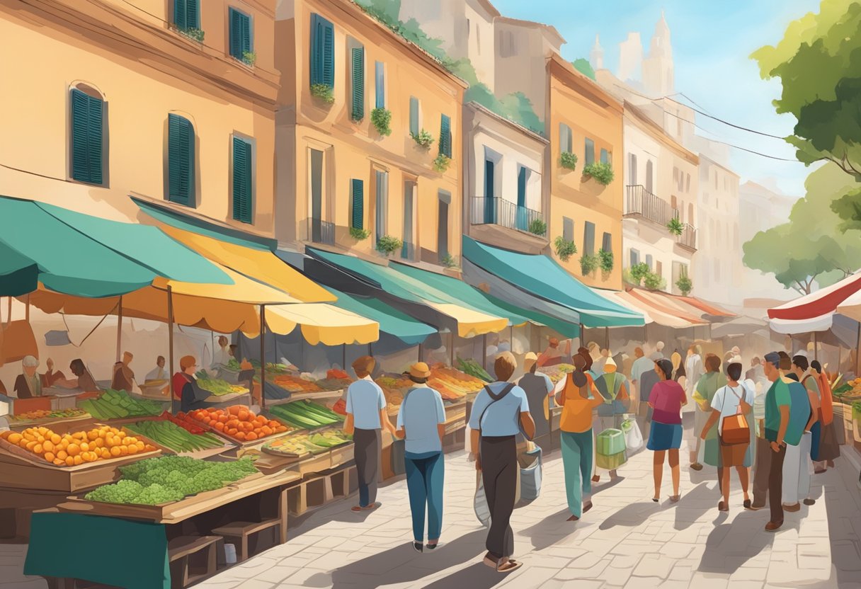 A bustling street market with colorful stalls selling fresh fruits, vegetables, and grilled fish. Aromas of herbs and spices fill the air as people line up to sample gluten-free Mediterranean street food