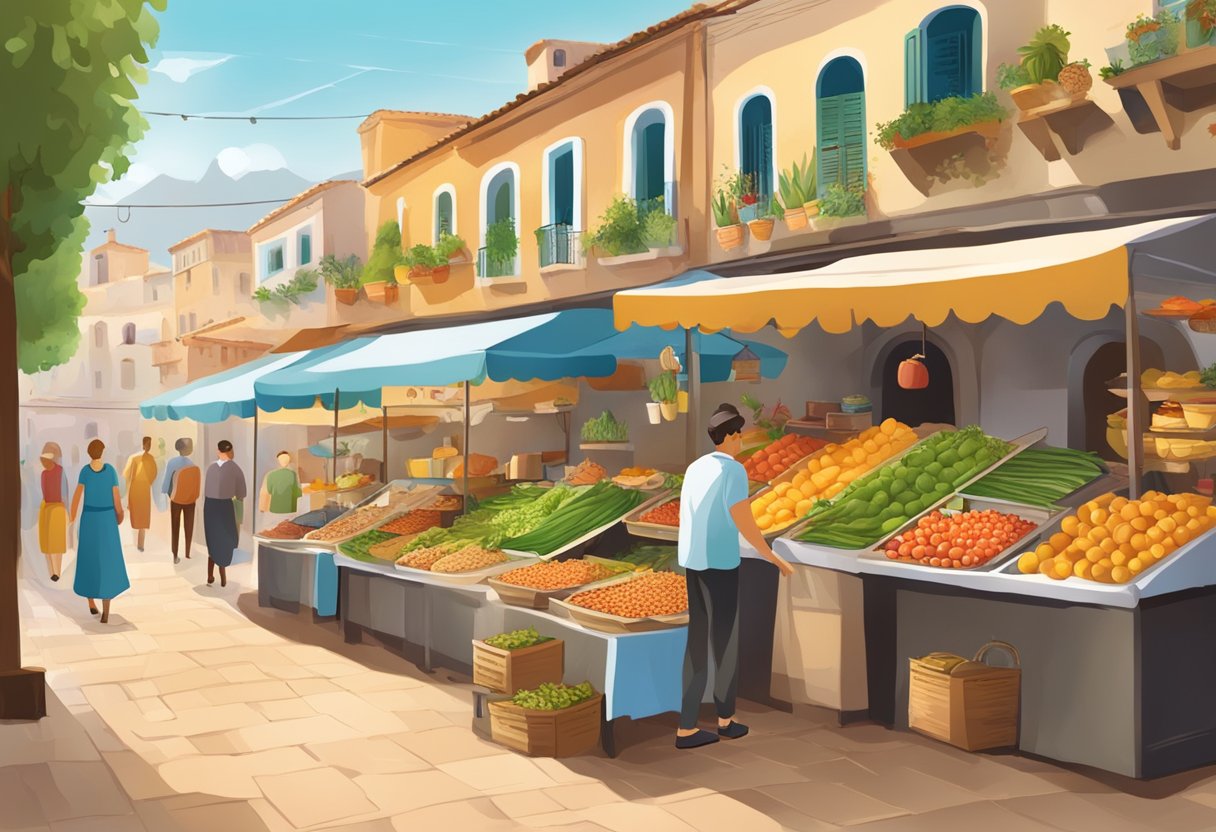 A bustling Mediterranean street market with colorful stalls selling fresh fruits, vegetables, and grilled seafood. A sign advertises "Gluten-free Mediterranean Street Food" with a variety of healthy, flavorful dishes on display