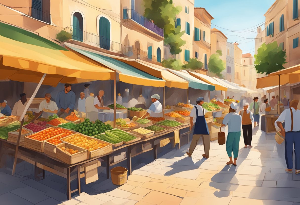 A bustling Mediterranean street market with colorful stalls selling fresh fruits, vegetables, olives, and grilled fish. A warm, sunny atmosphere with people enjoying the vibrant street food and lively ambiance