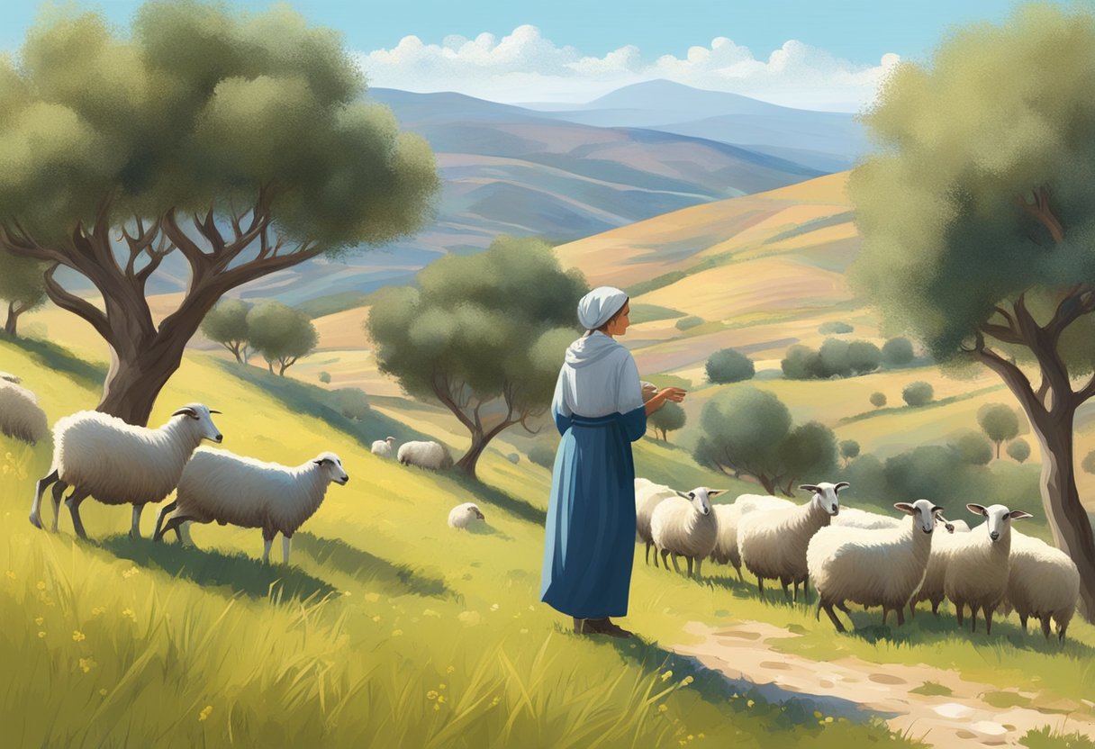 A flock of sheep grazes on a sun-drenched hillside, surrounded by olive trees and wild herbs. A shepherd watches over them, while a woman milks a goat nearby