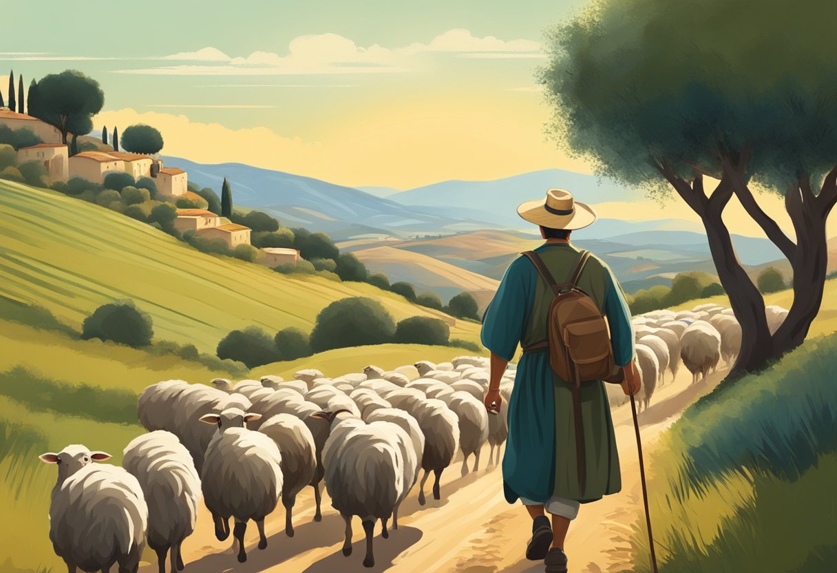 A shepherd guides a flock of sheep through a picturesque Mediterranean landscape, with rolling hills and olive groves in the background