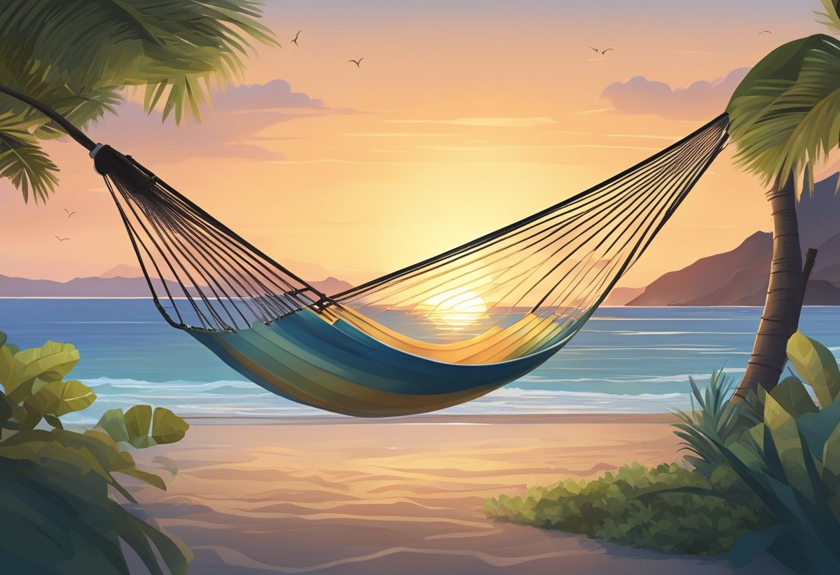 A serene beach at sunset with a hammock swaying in the breeze, surrounded by lush greenery and a calm, crystal-clear sea