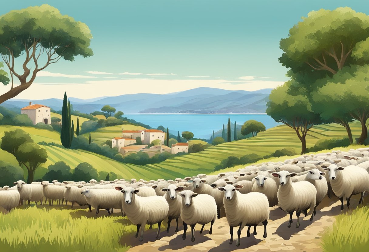A shepherd leads a flock of sheep through a lush Mediterranean landscape, with a traditional dairy farm in the background. The scene depicts the integral role of herding and dairy in gluten-free Mediterranean diets