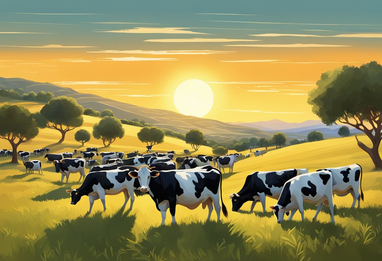 A herd of dairy cows graze in a lush Mediterranean field, surrounded by olive trees and rolling hills. The sun sets in the distance, casting a warm glow over the scene