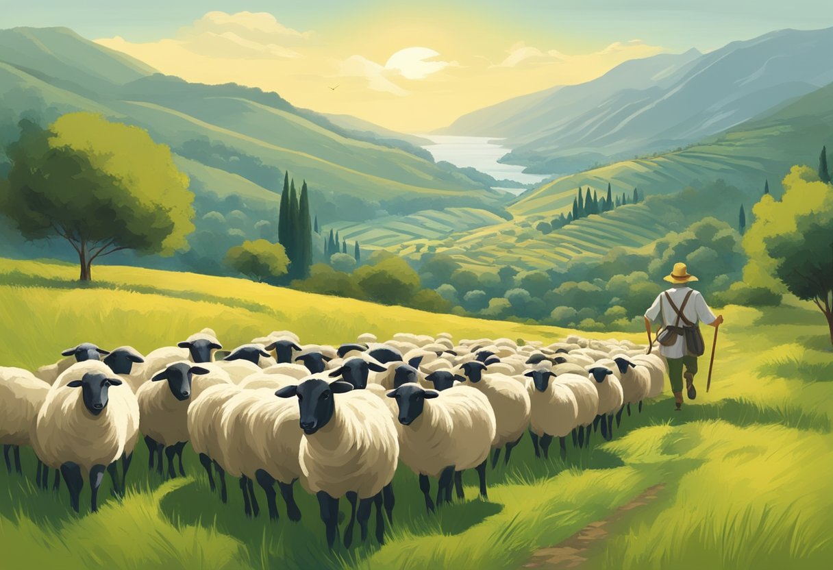 A shepherd guides a flock of sheep through a lush Mediterranean landscape, emphasizing the importance of herding and dairy in gluten-free diets