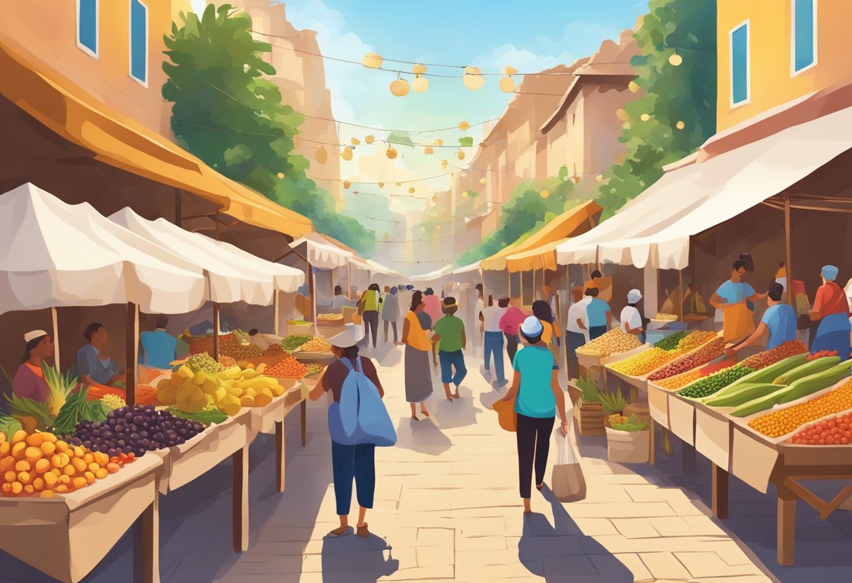 A bustling market with colorful stalls showcasing exotic fruits and grains. People sample and purchase new world foods, blending them into traditional Mediterranean dishes