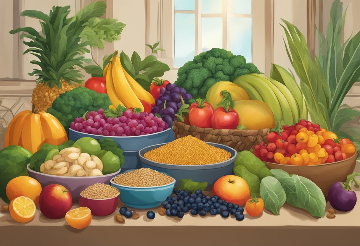 A table filled with colorful fruits, vegetables, and grains from around the world, arranged in a Mediterranean-style setting