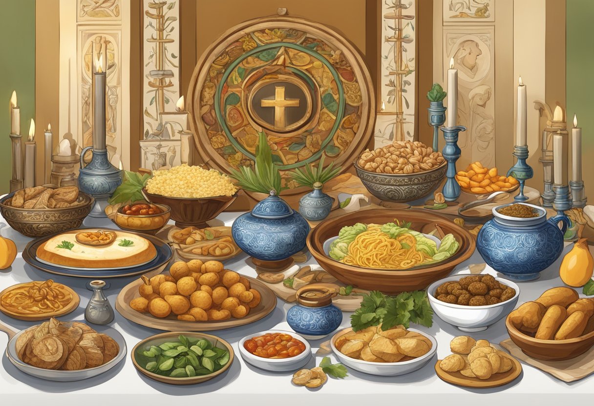 A table filled with ancient religious symbols and Mediterranean food, showcasing the historical influence of religion on cuisine