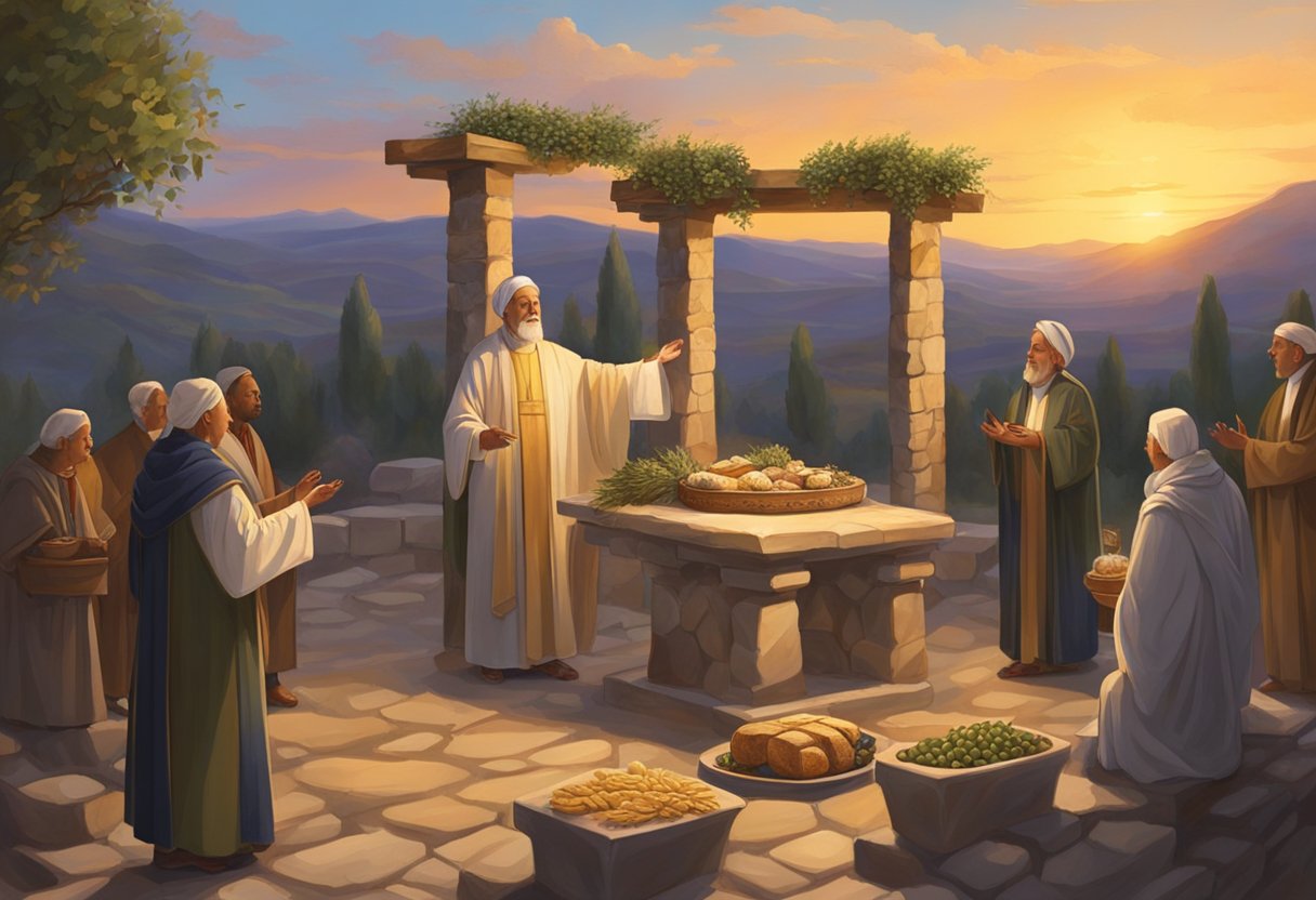 The sun sets over a rustic stone altar adorned with olive branches, grapes, and bread. A priest in flowing robes offers incense to the gods, as worshippers gather for a communal meal