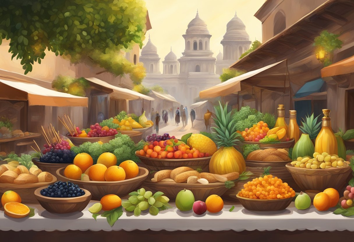 A long table adorned with colorful fruits, olives, and bread. Aromatic herbs and spices fill the air. A backdrop of ancient temples and bustling markets