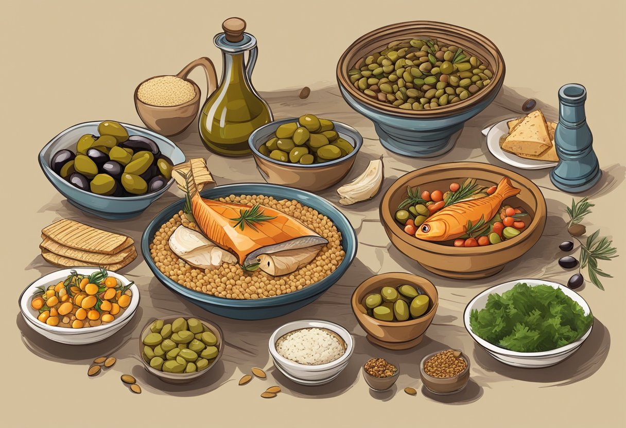 A table set with a variety of Mediterranean foods, including olives, fish, and grains, with religious symbols and texts displayed nearby