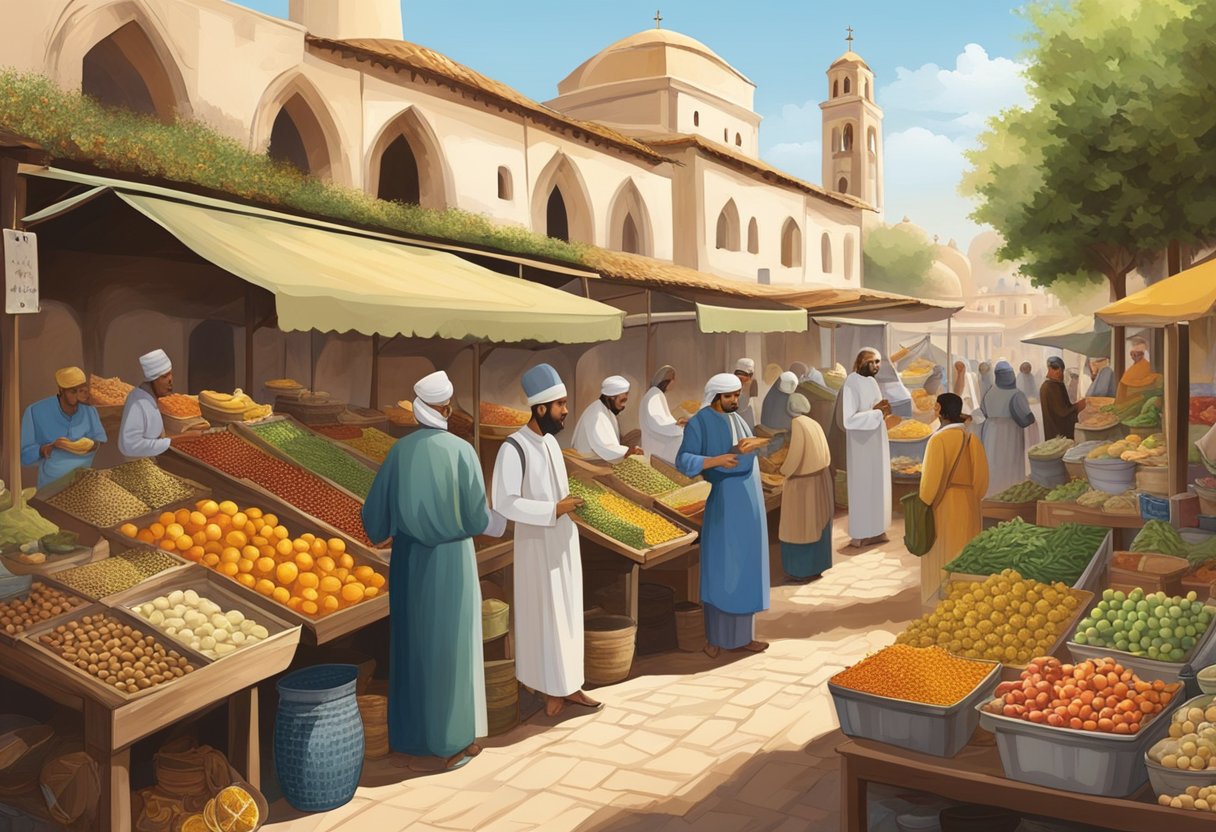 A bustling Mediterranean market, with vendors selling diverse ingredients like olives, citrus fruits, and spices. A mosque and church stand nearby, symbolizing the religious influences on the cuisine