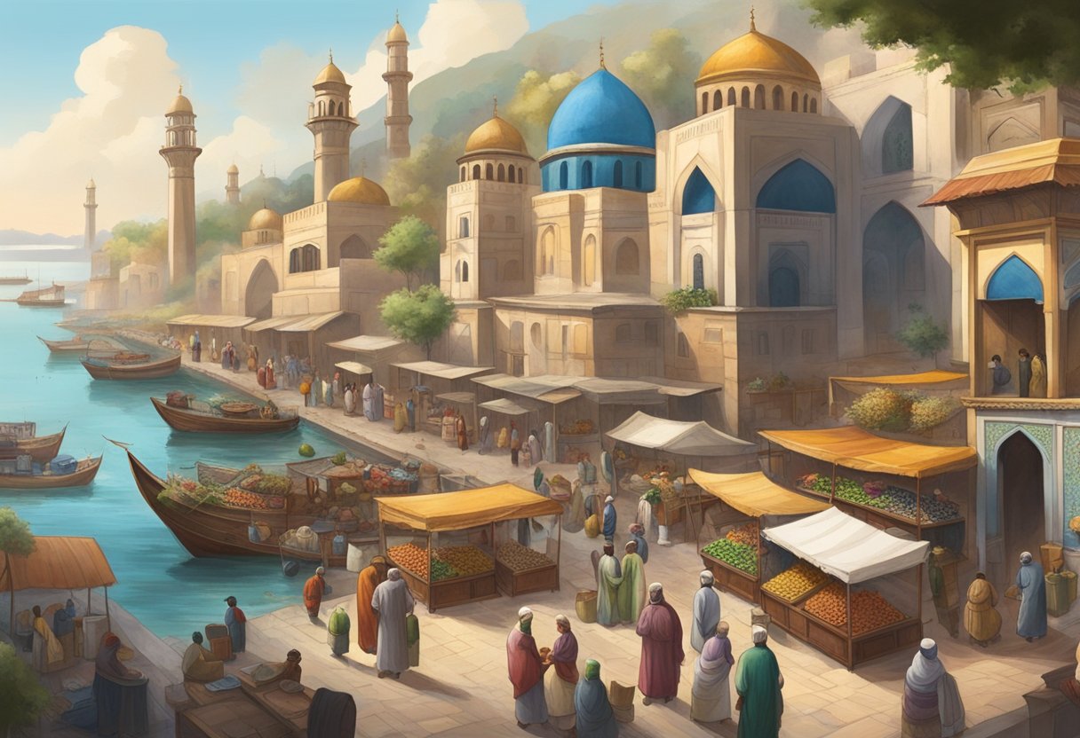 The bustling port city with diverse ships unloading spices, textiles, and exotic fruits. A mosque and church stand side by side, while locals gather to sample fusion dishes