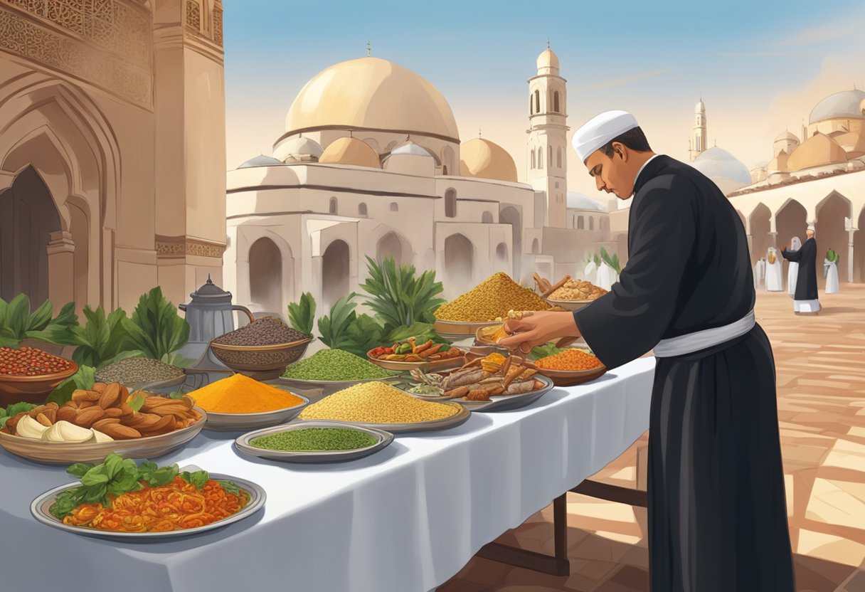 A priest blesses a table of Mediterranean dishes, while a mosque and church stand in the background. The aroma of spices fills the air