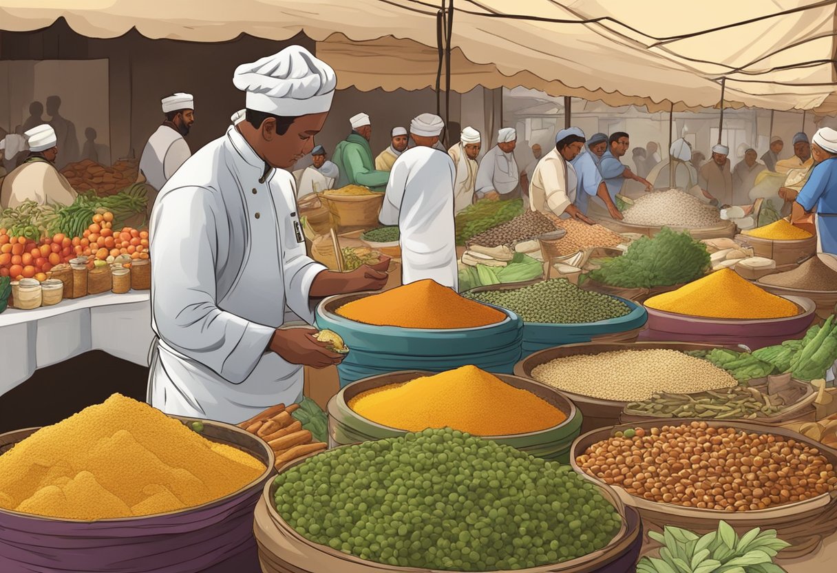 A bustling marketplace with vendors selling spices, olives, and fresh produce. A chef preparing dishes with traditional religious influences