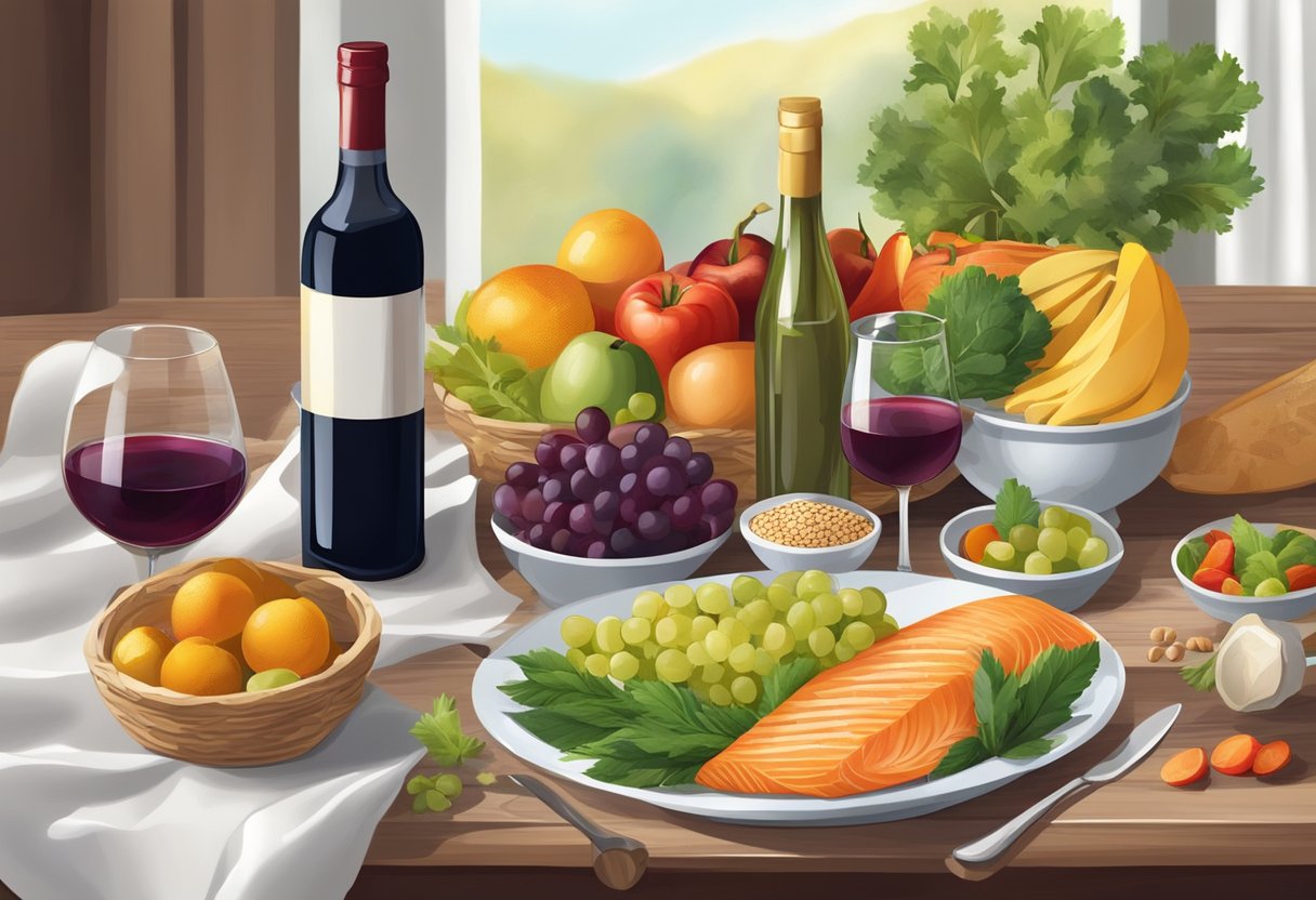 A table set with colorful fruits, vegetables, whole grains, and fish. A bottle of olive oil and a glass of red wine complete the scene