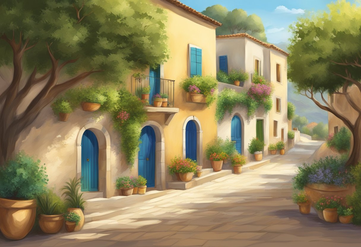 A serene Mediterranean village, with cozy homes and lush olive trees, where people are seen taking a leisurely afternoon siesta under the warm sun