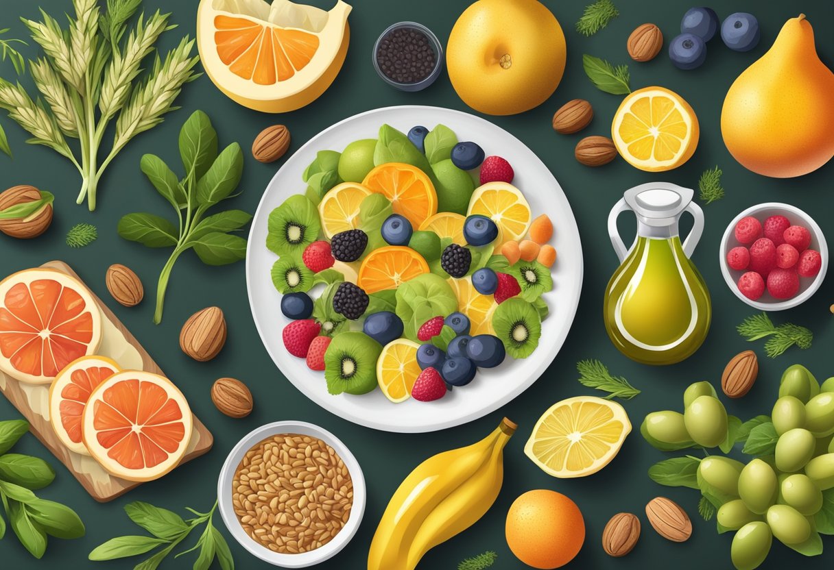 A table set with a variety of colorful fruits, vegetables, whole grains, and lean proteins, surrounded by olive oil, nuts, and herbs