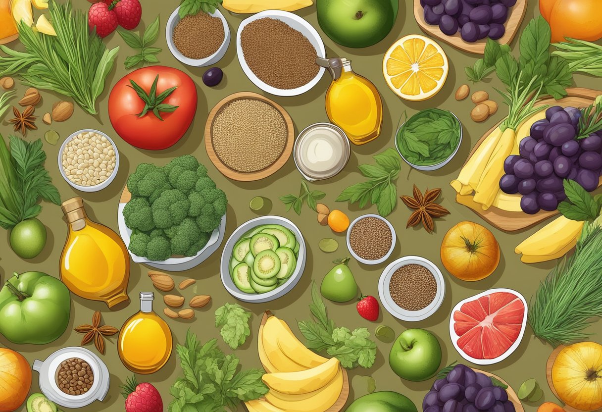 A table filled with colorful fruits, vegetables, grains, and lean proteins, surrounded by olive oil, herbs, and spices