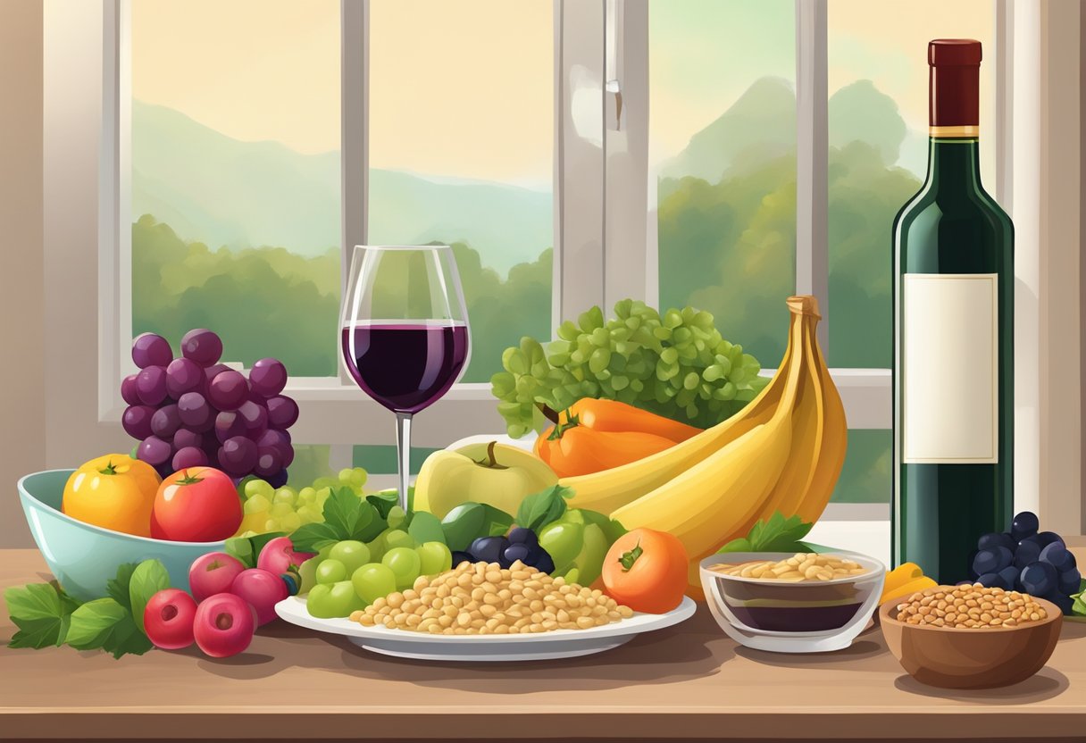 A table set with colorful fruits, vegetables, whole grains, and lean proteins, with a bottle of olive oil and a glass of red wine