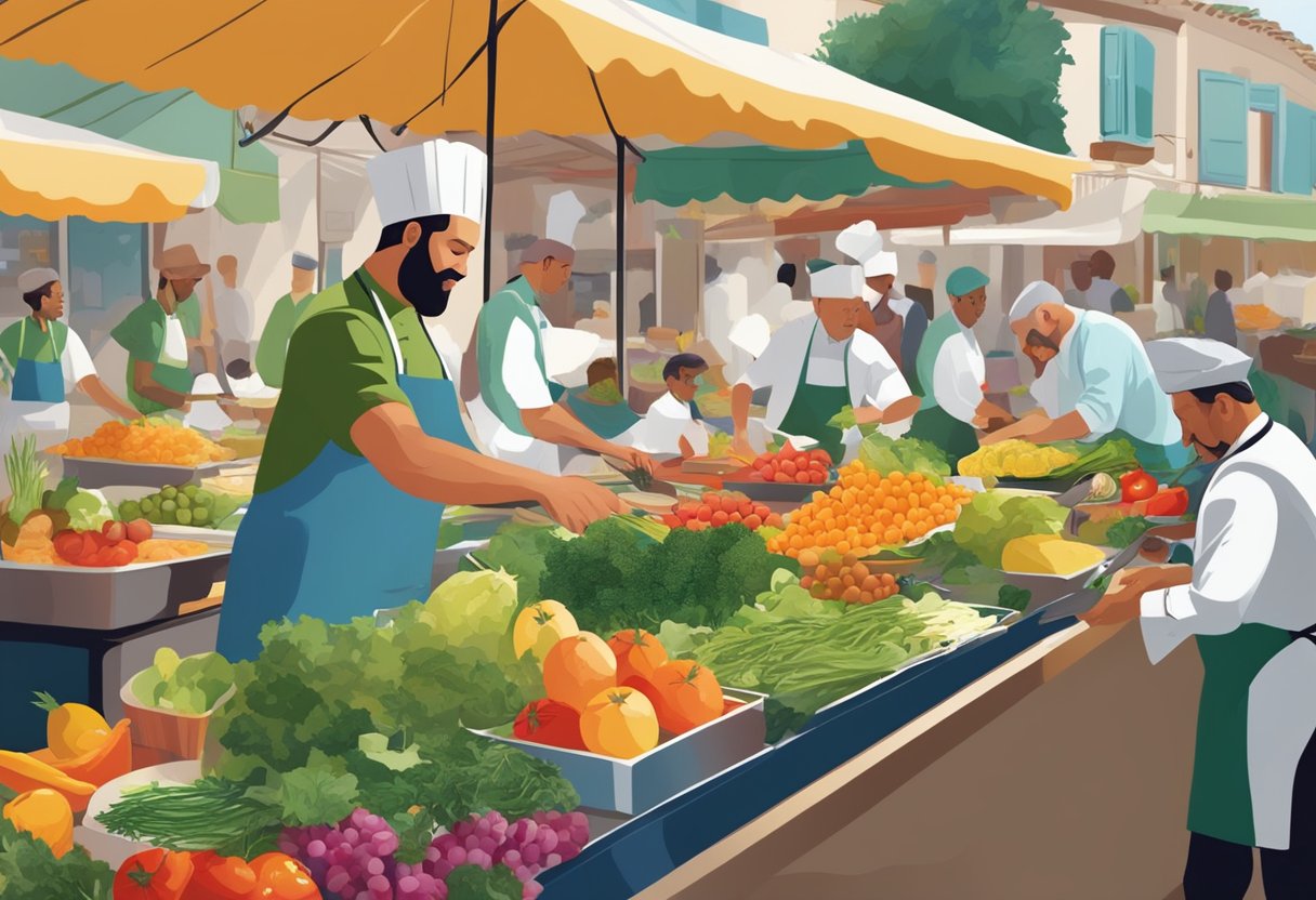 A bustling market with colorful fruits, vegetables, and seafood. A chef chopping fresh herbs and drizzling olive oil over a vibrant Mediterranean meal