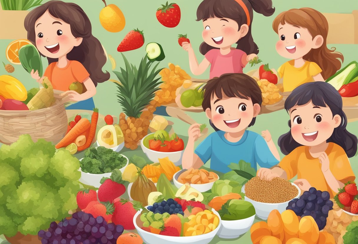 Children happily eating colorful fruits, vegetables, and grains from the Mediterranean diet, with a variety of gluten-free options