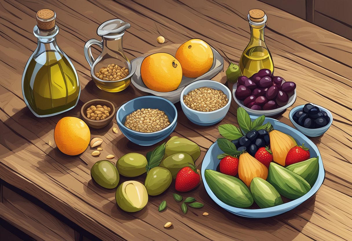 A colorful spread of fresh fruits, vegetables, nuts, and gluten-free grains arranged on a rustic wooden table. A bottle of olive oil and a bowl of olives sit alongside