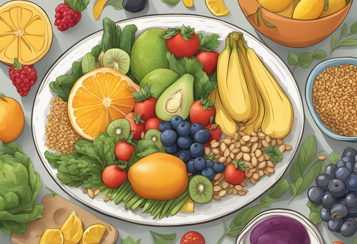 A colorful spread of fresh fruits, vegetables, and grains arranged in a Mediterranean-style meal, with a focus on gluten-free options