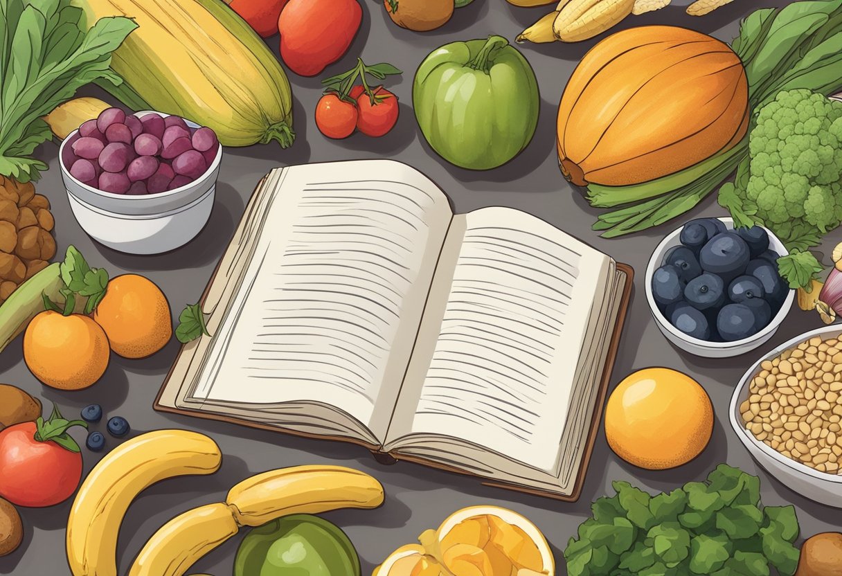 A colorful array of fresh fruits, vegetables, and grains arranged on a kitchen counter, with a cookbook open to a page of gluten-free Mediterranean recipes