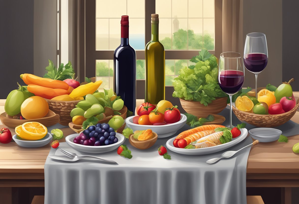 A table set with colorful fruits, vegetables, whole grains, and fish. A bottle of olive oil and a glass of red wine complete the scene