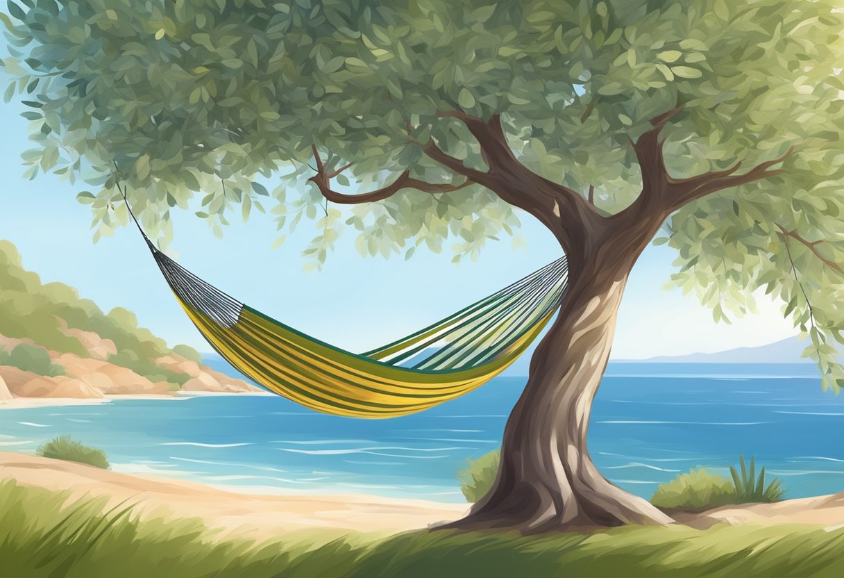 A cozy hammock under the shade of a Mediterranean olive tree, with a soft breeze and the sound of gentle waves in the background