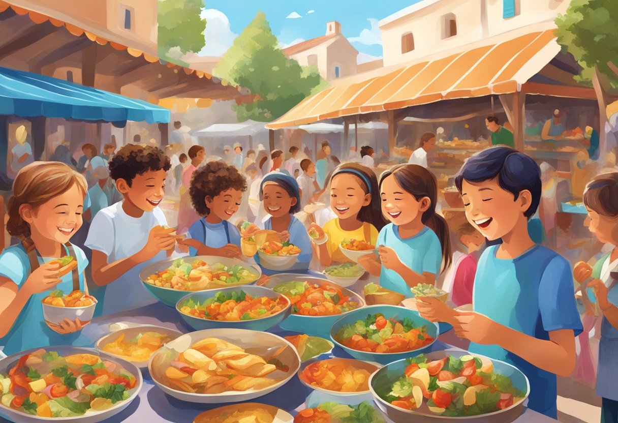 Children happily eating colorful gluten-free Mediterranean dishes at a vibrant outdoor market, surrounded by traditional music and cultural decorations