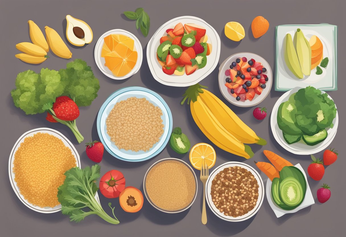 A colorful spread of fresh fruits, vegetables, and whole grains on a table, with a variety of gluten-free options for kids' meals