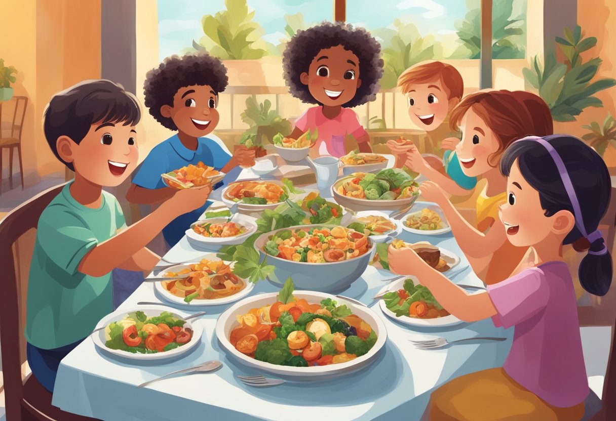 Children happily dining on a variety of gluten-free Mediterranean dishes at a vibrant and welcoming restaurant, surrounded by friends and family