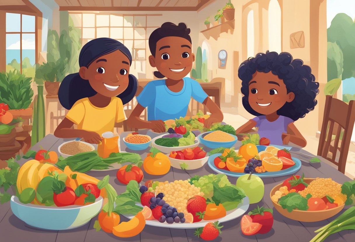 Children happily eating colorful Mediterranean foods at a table, surrounded by fresh fruits, vegetables, and grains. The setting is bright and inviting, with a focus on healthy, gluten-free options